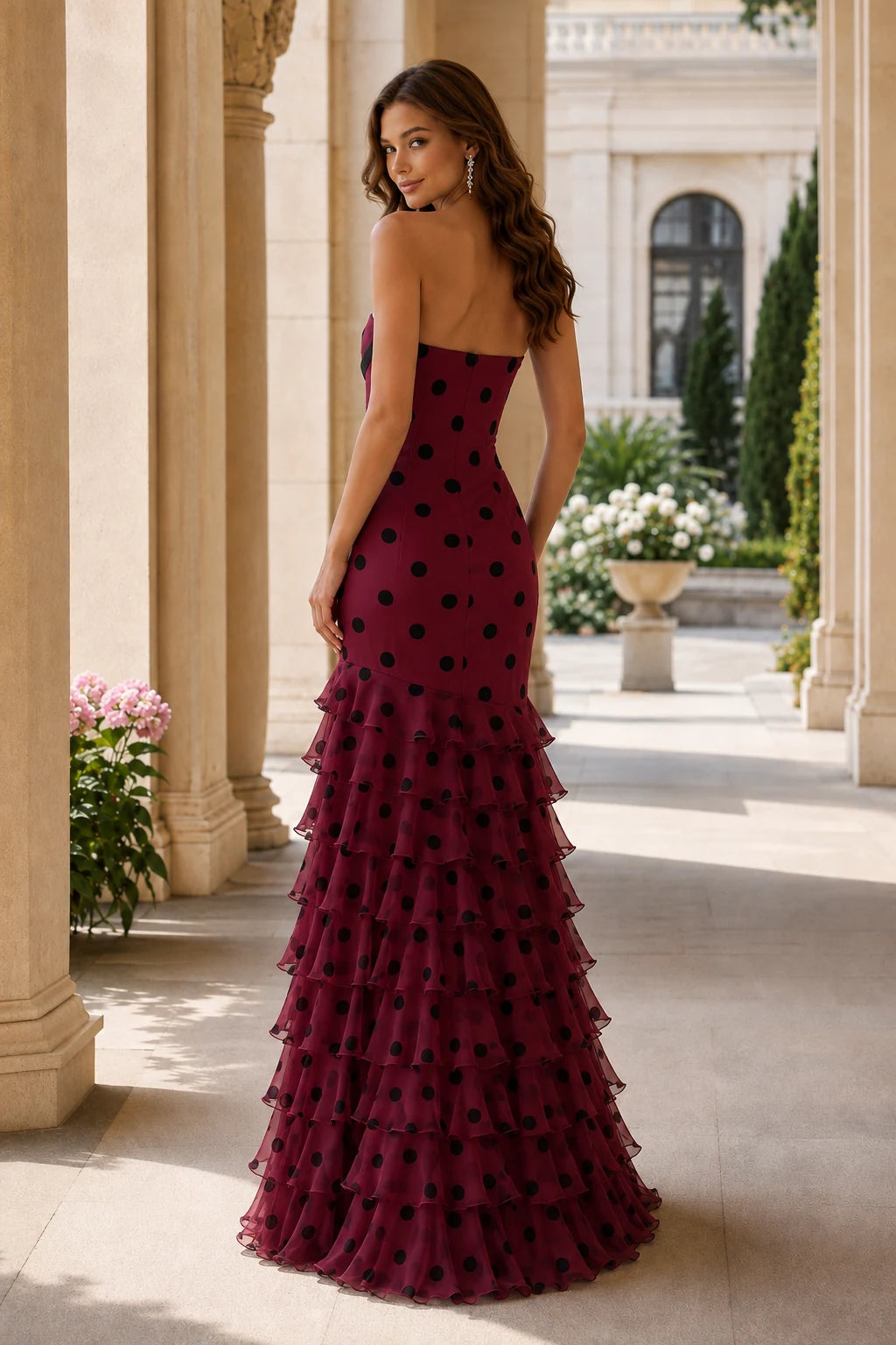 Isadora Strapless Bow A-Line Prom Dress in Burgundy Polka Dot, back view