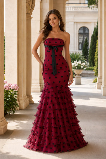 Isadora Strapless Bow A-Line Prom Dress in Burgundy Polka Dot, front view