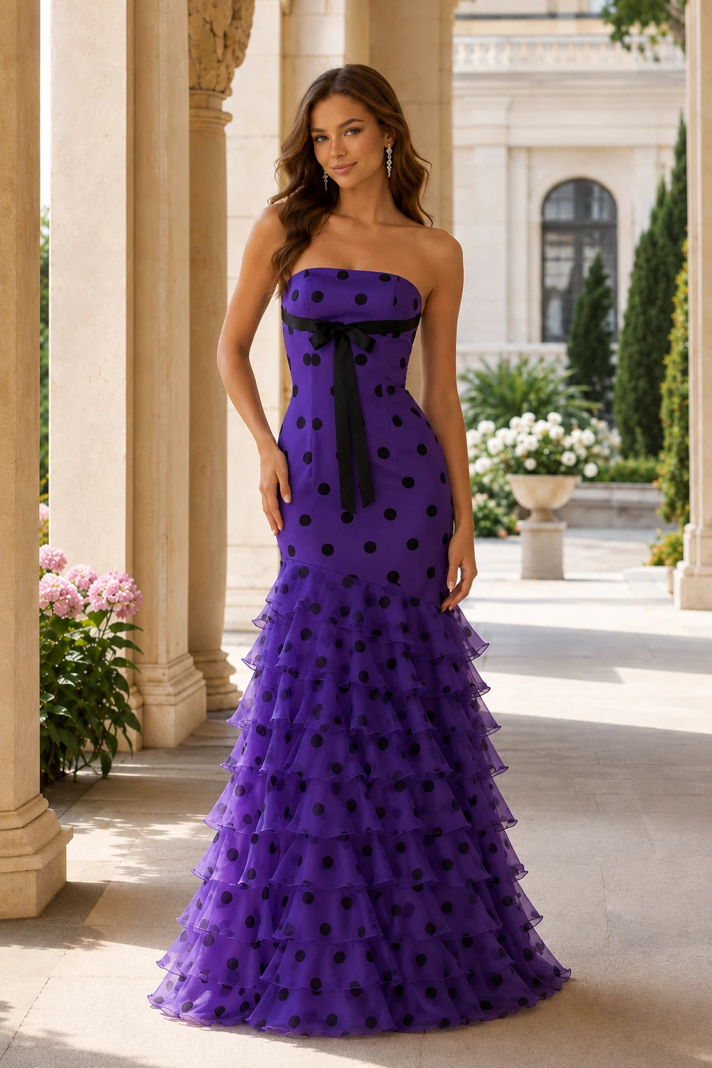 Isadora Strapless Bow A-Line Prom Dress in Gemstone Purple Polka Dot, front view