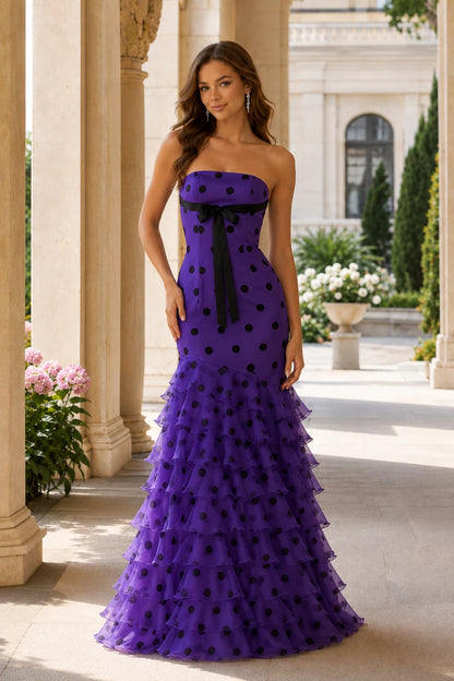 Isadora Strapless Bow A-Line Prom Dress in Gemstone Purple Polka Dot, front view