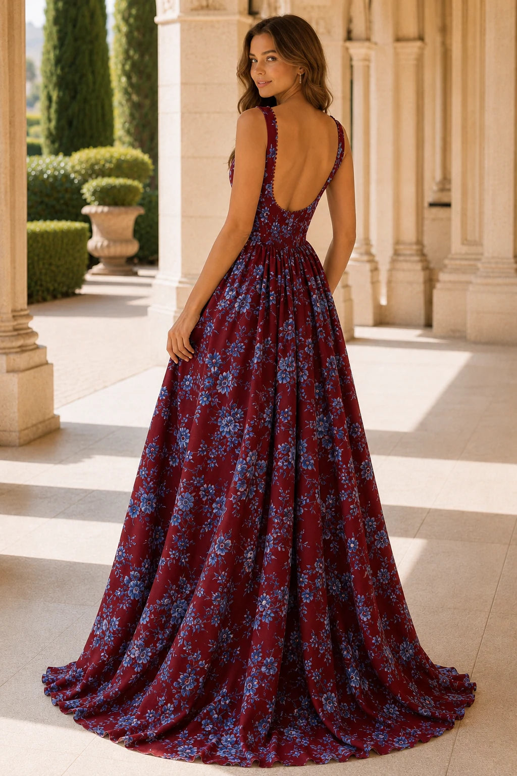Odessa Spaghetti-Strap Floral A-Line Prom Dress with Slit in Burgundy Floral, back view
