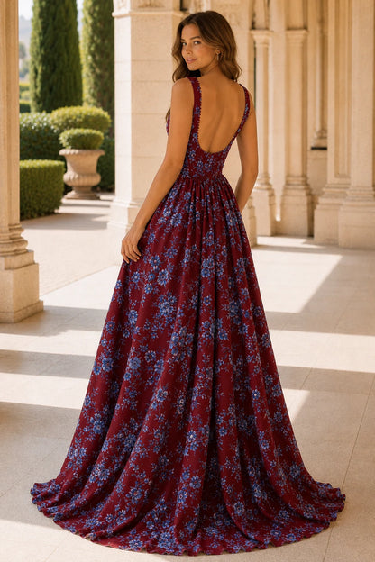Odessa Spaghetti-Strap Floral A-Line Prom Dress with Slit in Burgundy Floral, back view
