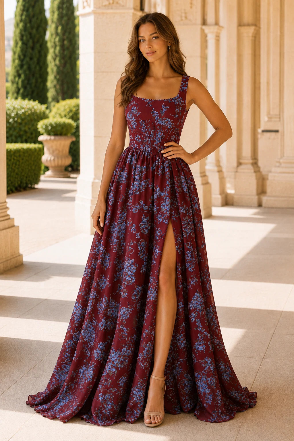 Odessa Spaghetti-Strap Floral A-Line Prom Dress with Slit in Burgundy Floral, front view