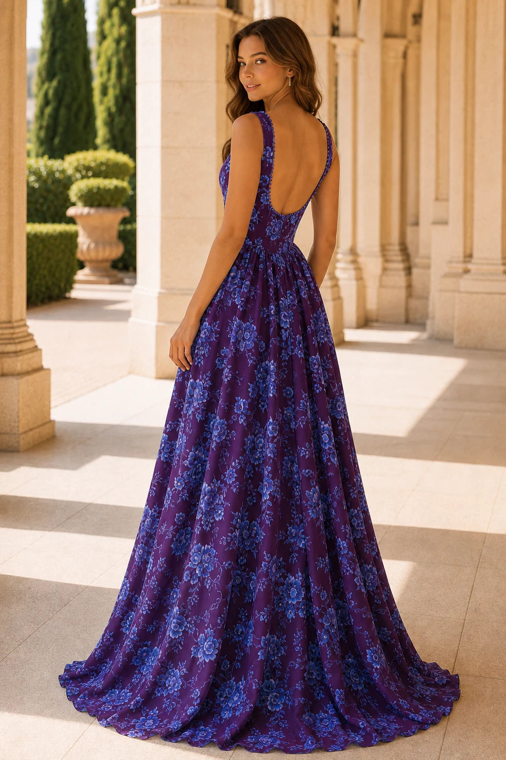 Odessa Spaghetti-Strap Floral A-Line Prom Dress with Slit in Gemstone Purple Floral, back view
