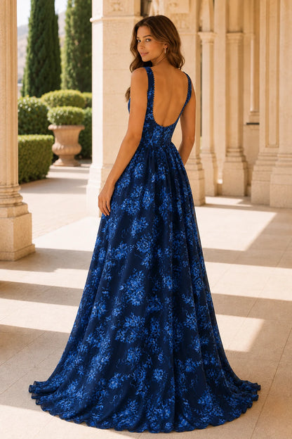 Odessa Spaghetti-Strap Floral A-Line Prom Dress with Slit in Midnight Navy Floral, back view
