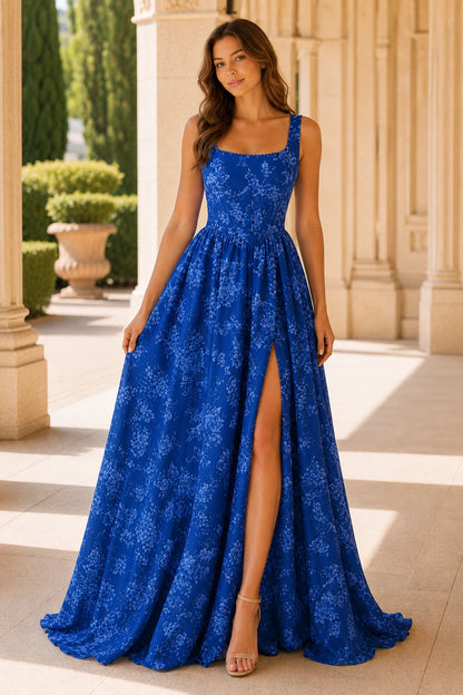 Odessa Spaghetti-Strap Floral A-Line Prom Dress with Slit in Royal Blue Floral, front view