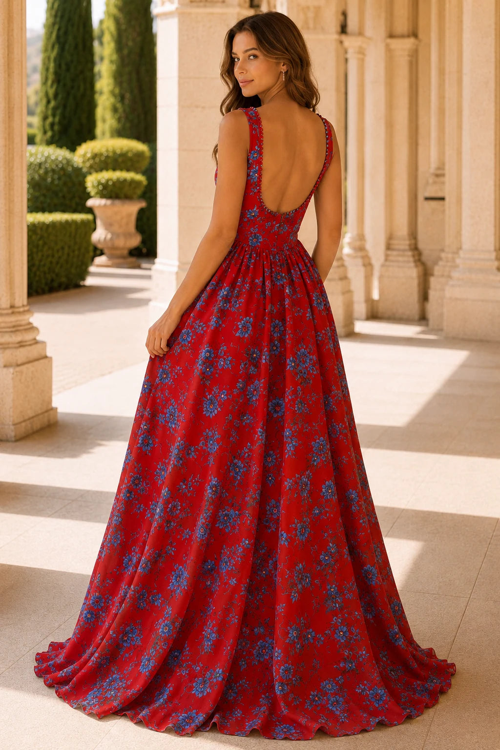 Odessa Spaghetti-Strap Floral A-Line Prom Dress with Slit in True Red Floral, back view