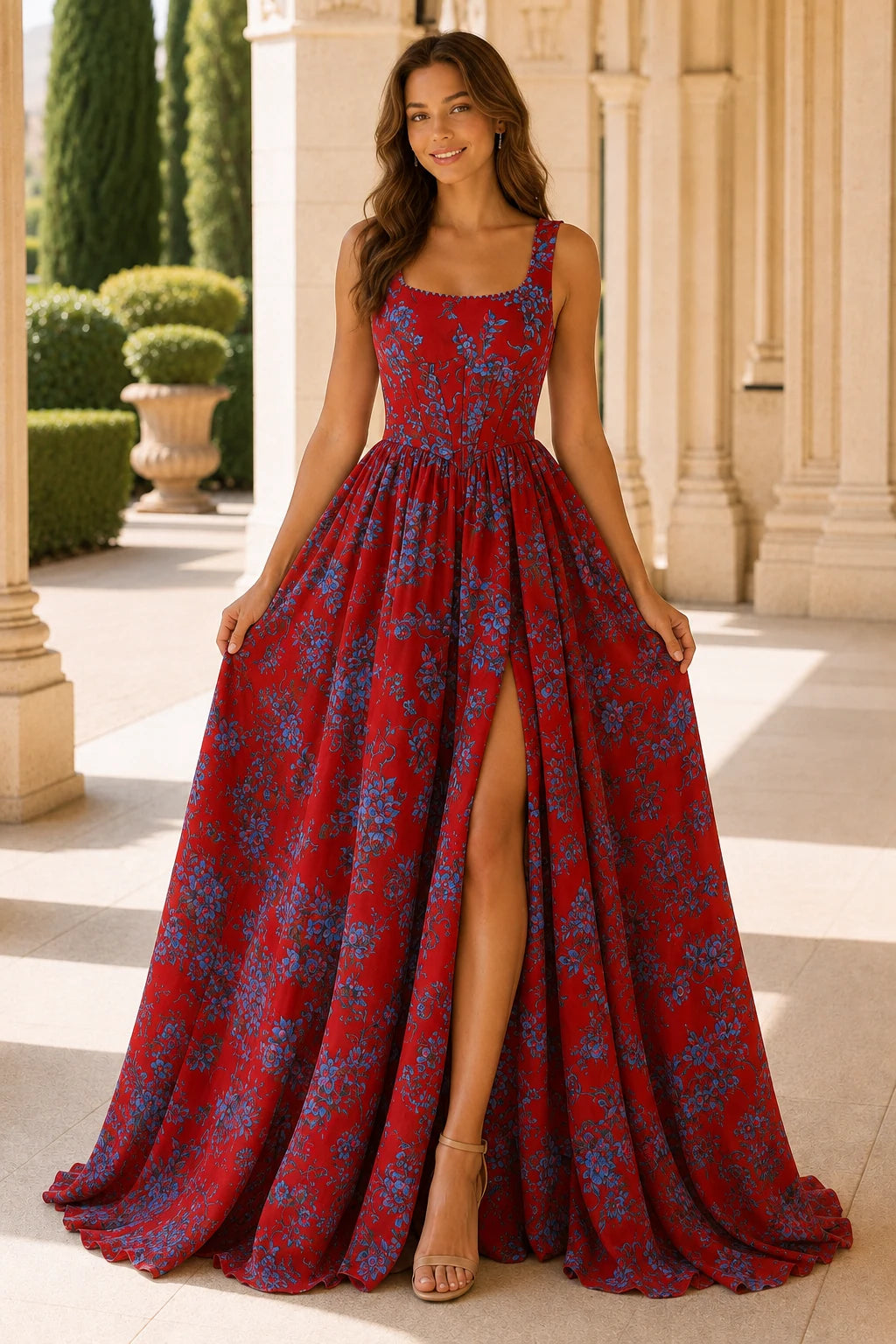 Odessa Spaghetti-Strap Floral A-Line Prom Dress with Slit in True Red Floral, front view