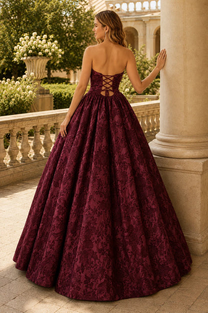 Verona Strapless Floral Ball Gown Prom Dress in Burgundy Floral, back view