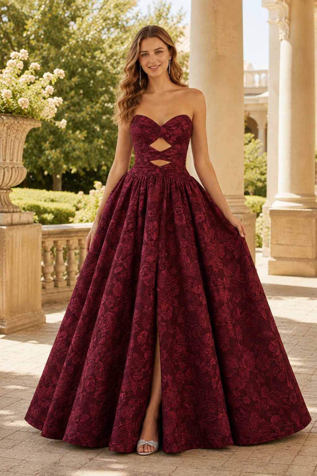 Verona Strapless Floral Ball Gown Prom Dress in Burgundy Floral, front view