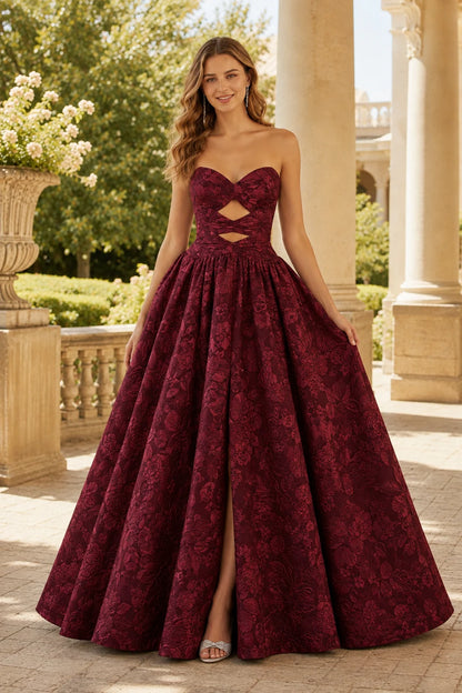 Verona Strapless Floral Ball Gown Prom Dress in Burgundy Floral, front view