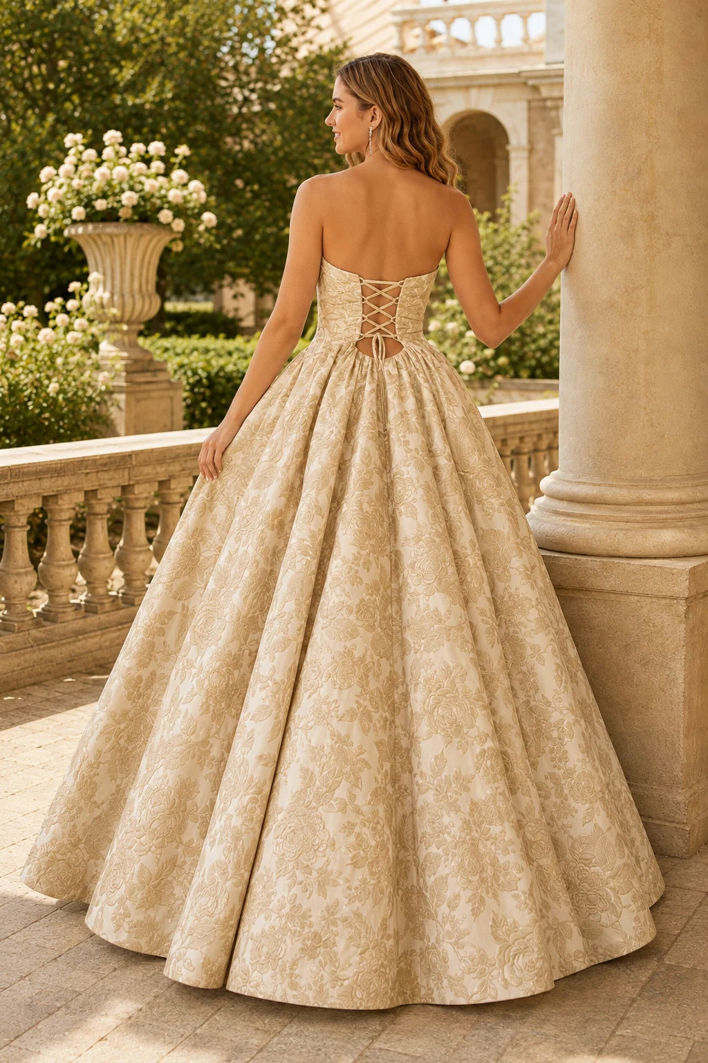 Verona Strapless Floral Ball Gown Prom Dress in Champagne Gold Floral, back view