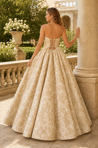 Verona Strapless Floral Ball Gown Prom Dress in Champagne Gold Floral, back view