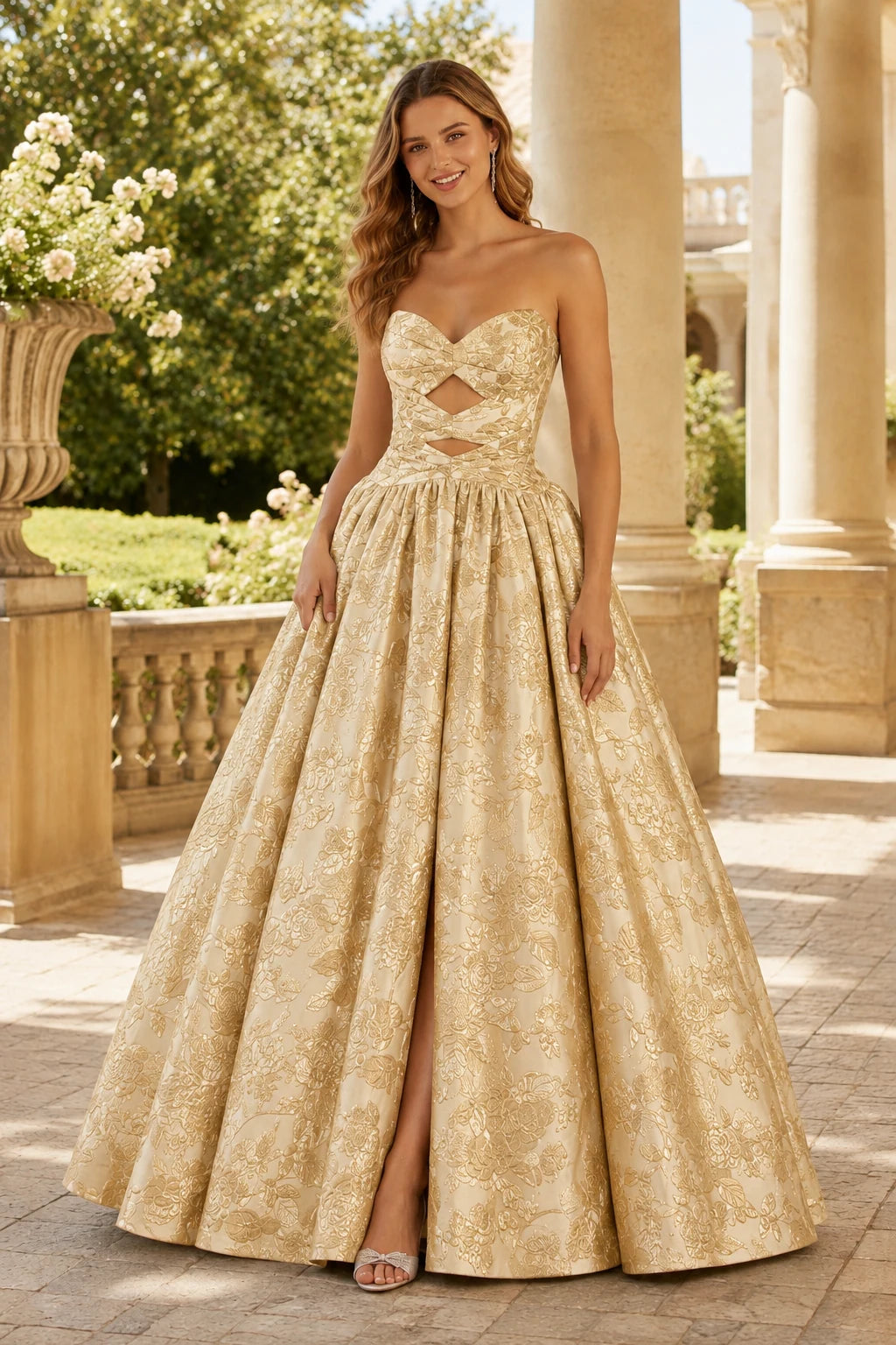 Verona Strapless Floral Ball Gown Prom Dress in Champagne Gold Floral, front view