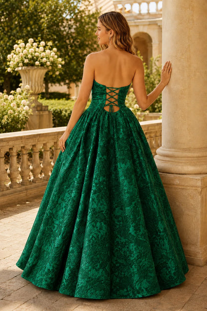 Verona Strapless Floral Ball Gown Prom Dress in Emerald Green Floral, back view