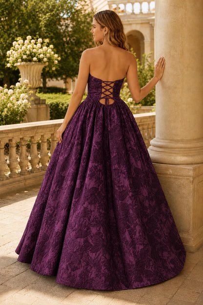 Verona Strapless Floral Ball Gown Prom Dress in Gemstone Purple Floral, back view