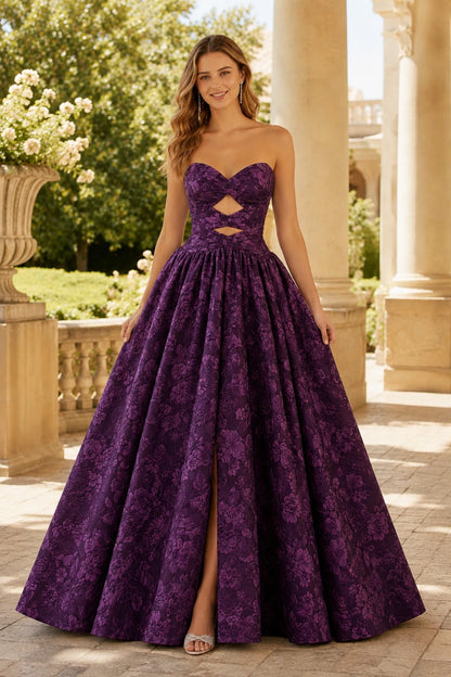 Verona Strapless Floral Ball Gown Prom Dress in Gemstone Purple Floral, front view