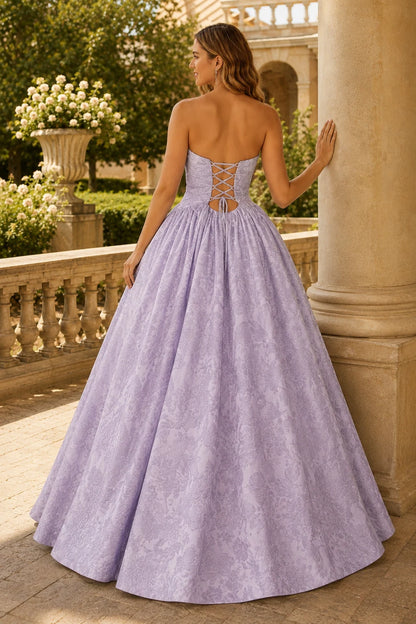 Verona Strapless Floral Ball Gown Prom Dress in Lavender Floral, back view