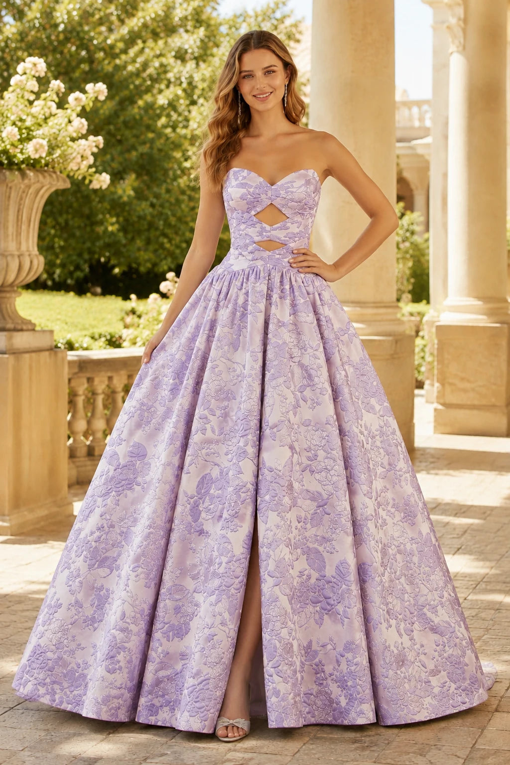 Verona Strapless Floral Ball Gown Prom Dress in Lavender Floral, front view