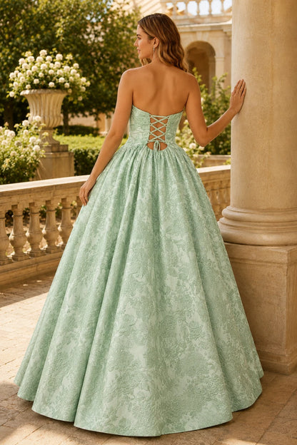 Verona Strapless Floral Ball Gown Prom Dress in Mint Green Floral, back view