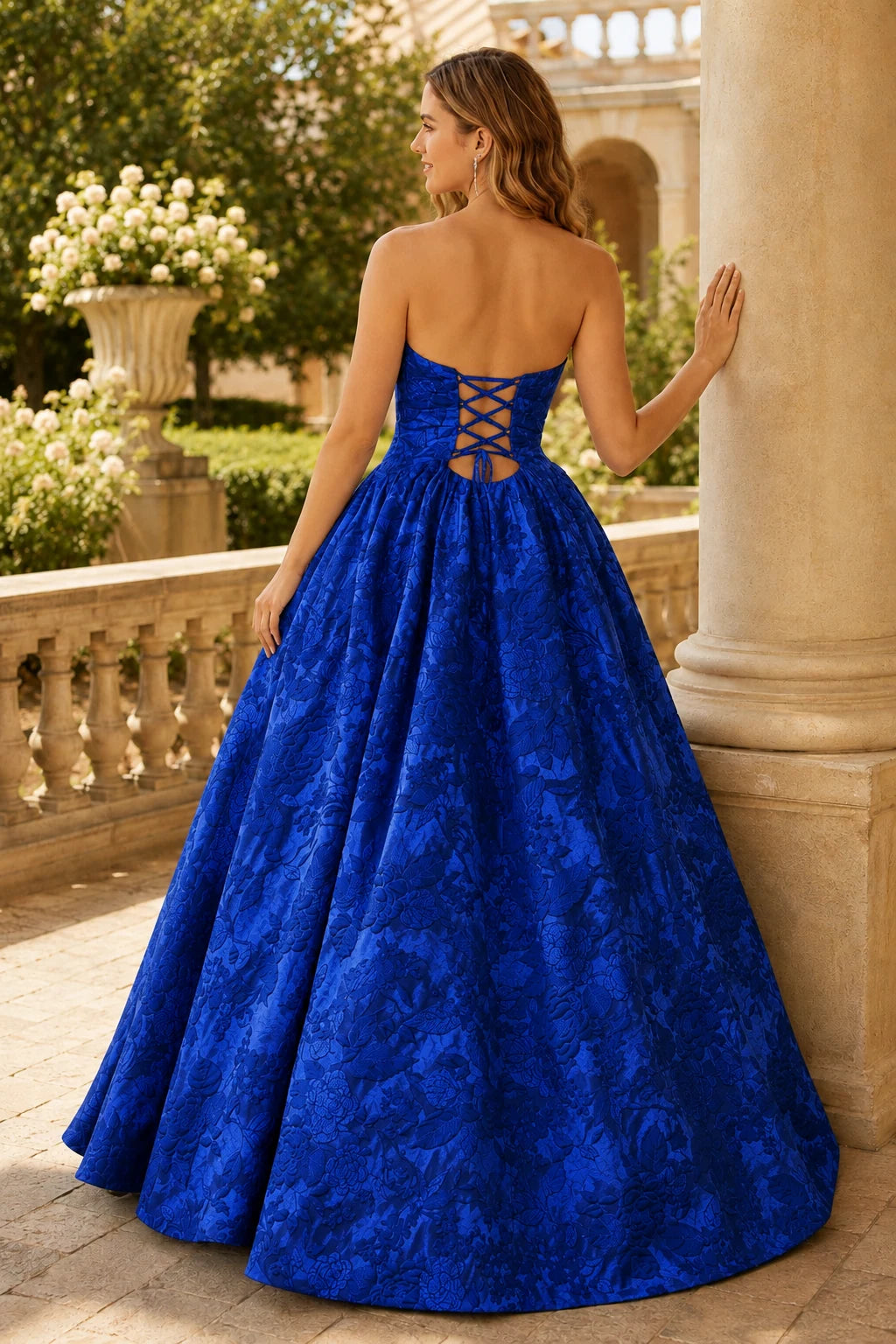 Verona Strapless Floral Ball Gown Prom Dress in Royal Blue Floral, back view