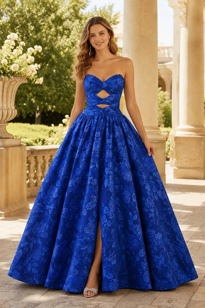 Verona Strapless Floral Ball Gown Prom Dress in Royal Blue Floral, front view