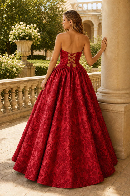 Verona Strapless Floral Ball Gown Prom Dress in True Red Floral, back view