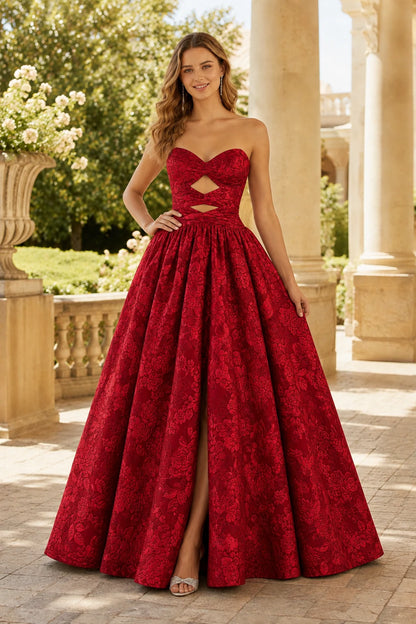 Verona Strapless Floral Ball Gown Prom Dress in True Red Floral, front view