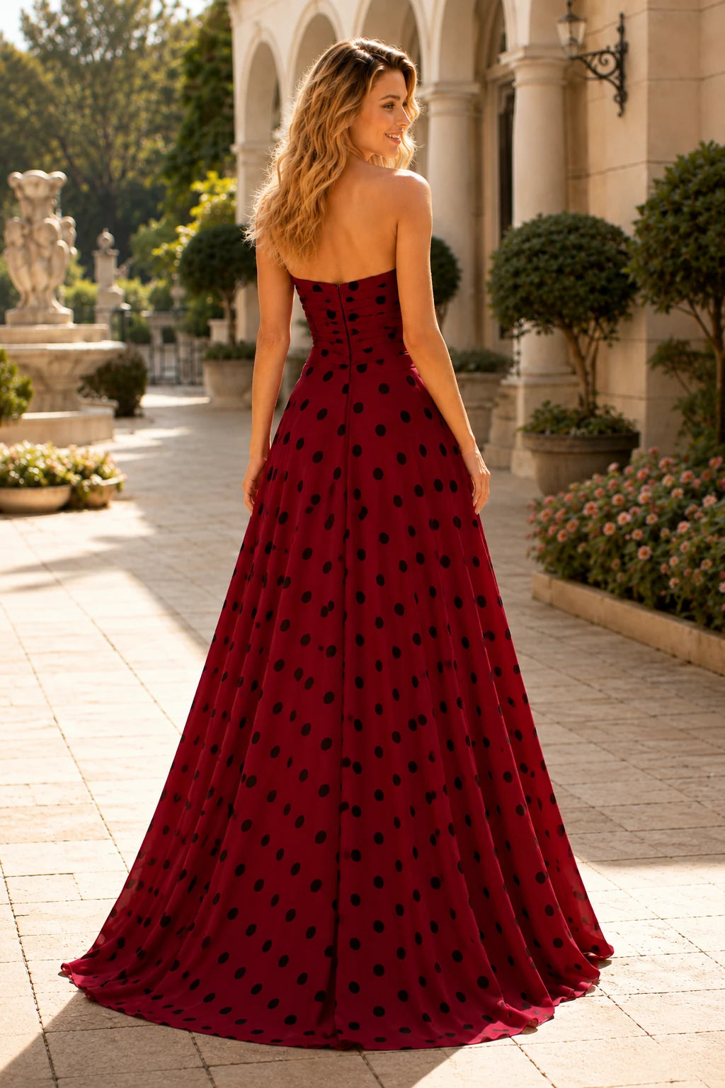 Larissa Bow Spaghetti-Strap A-Line Prom Dress with Slit in Burgundy Polka Dot, back view