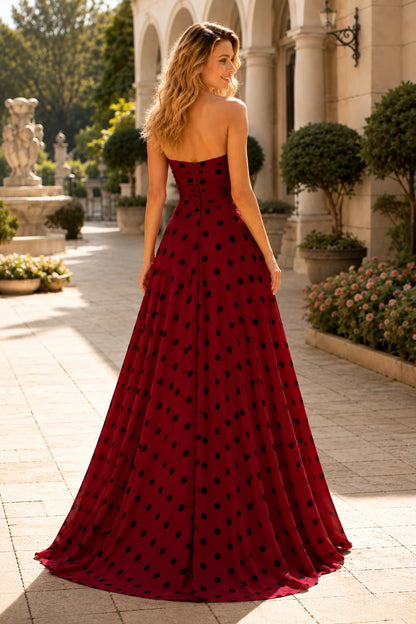 Larissa Bow Spaghetti-Strap A-Line Prom Dress with Slit in Burgundy Polka Dot, back view