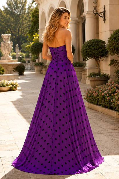 Larissa Bow Spaghetti-Strap A-Line Prom Dress with Slit in Gemstone Purple Polka Dot, back view