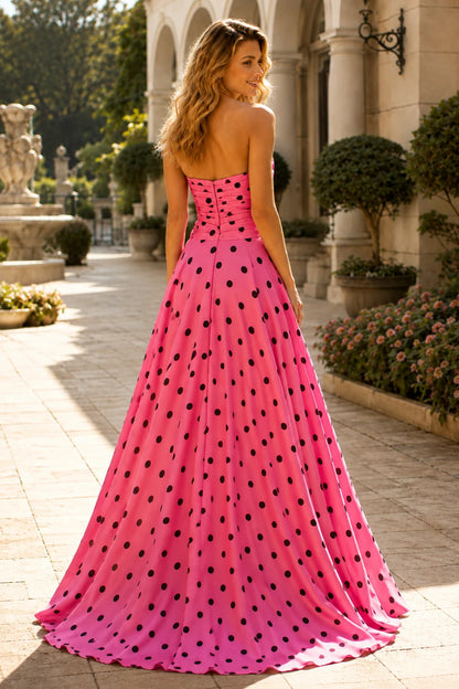 Larissa Bow Spaghetti-Strap A-Line Prom Dress with Slit in Hot Pink Polka Dot, back view
