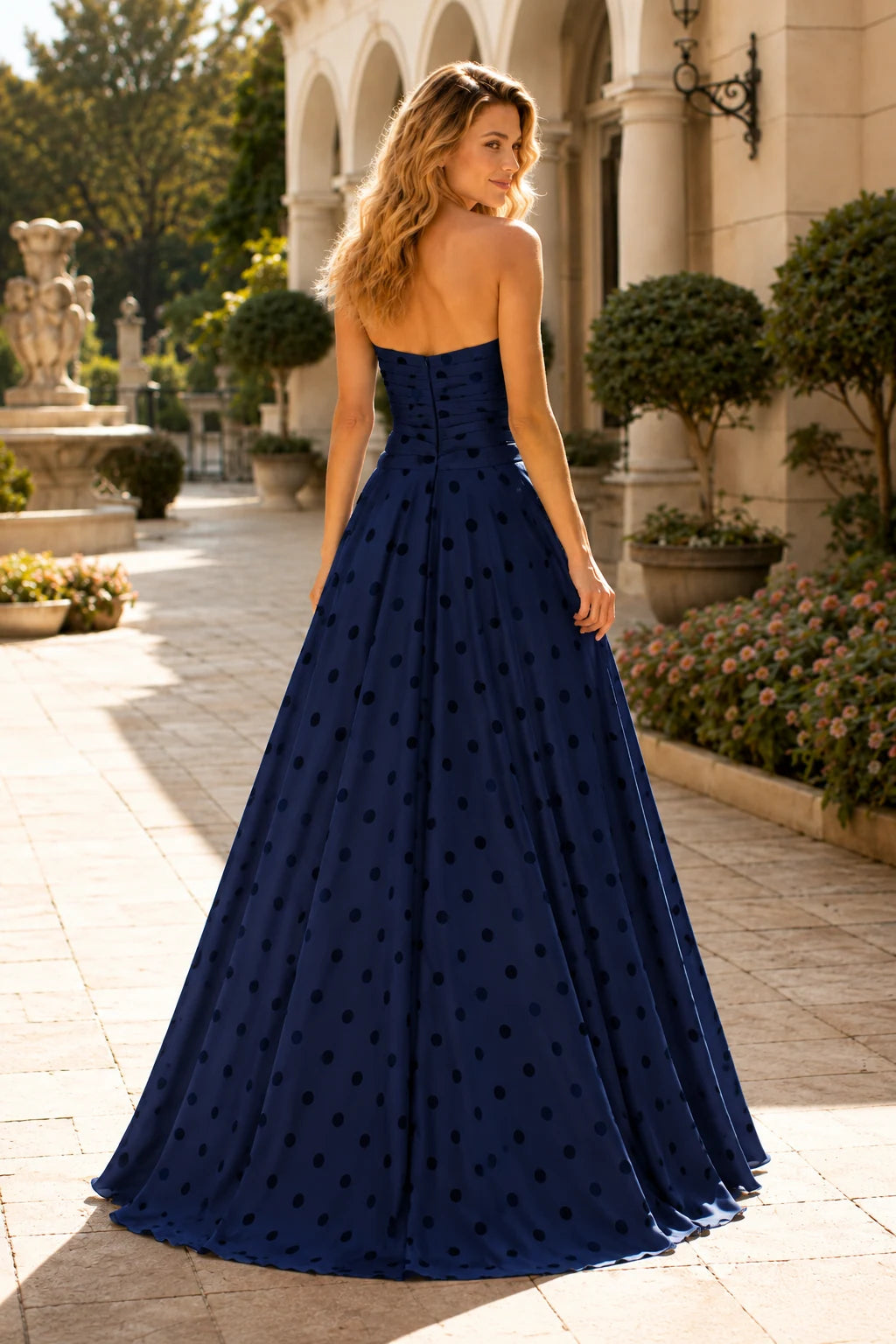 Larissa Bow Spaghetti-Strap A-Line Prom Dress with Slit in Midnight Navy Polka Dot, back view