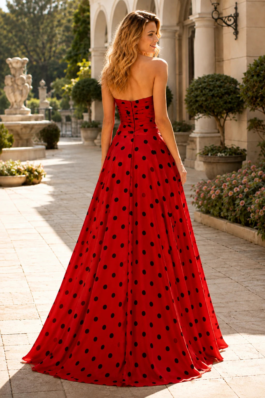 Larissa Bow Spaghetti-Strap A-Line Prom Dress with Slit in True Red Polka Dot, back view