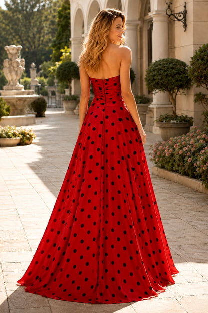 Larissa Bow Spaghetti-Strap A-Line Prom Dress with Slit in True Red Polka Dot, back view