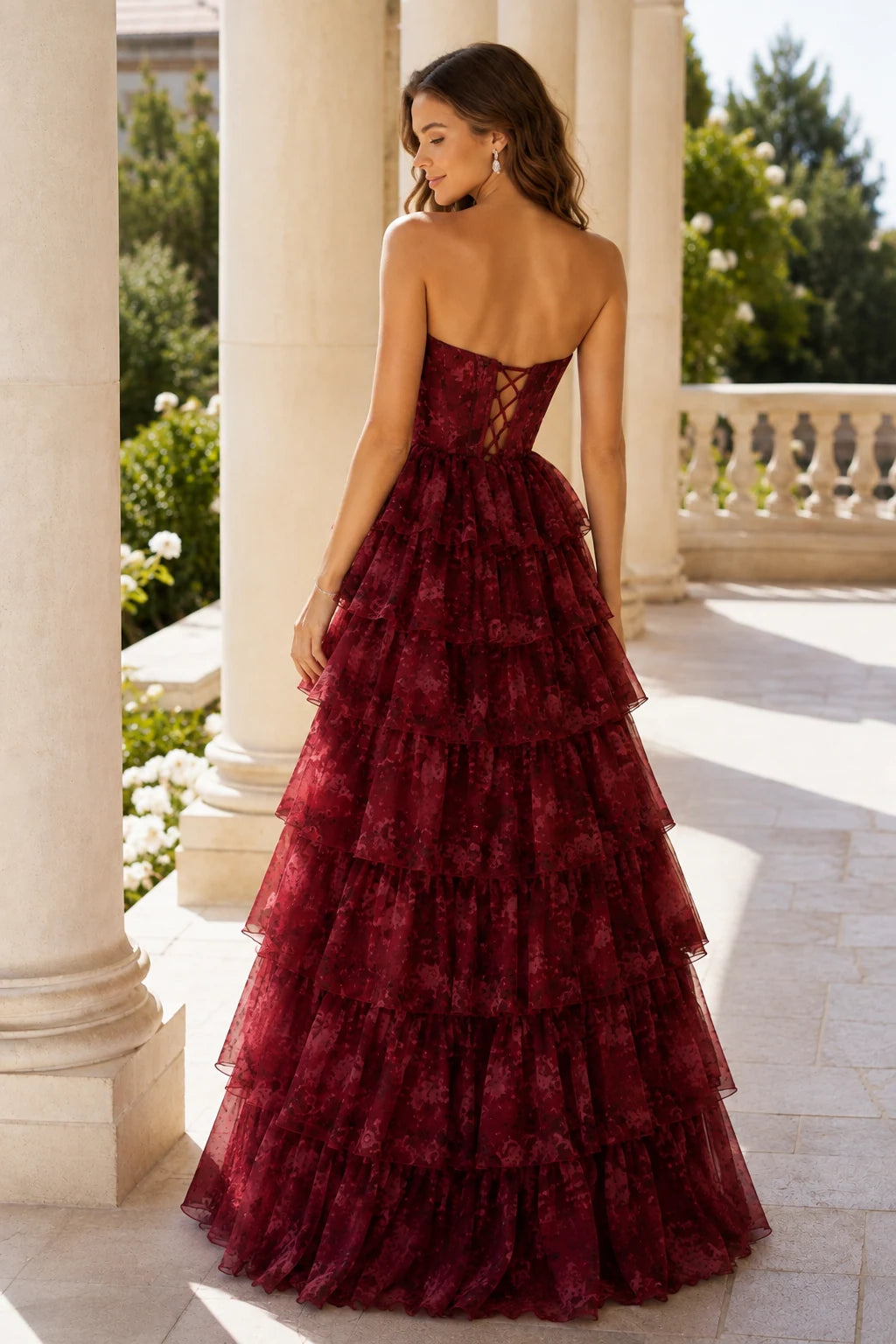 Alessandra Strapless Tiered Ruffle Prom Dress with Slit in Burgundy Floral, back view