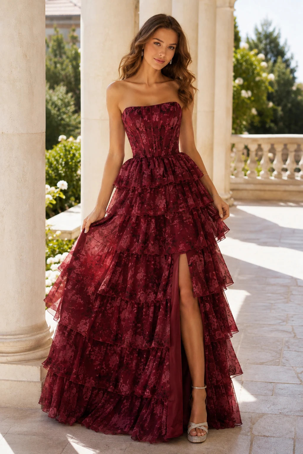 Alessandra Strapless Tiered Ruffle Prom Dress with Slit in Burgundy Floral, front view