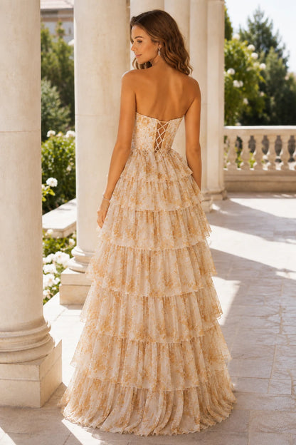 Alessandra Strapless Tiered Ruffle Prom Dress with Slit in Champagne Gold Floral, back view