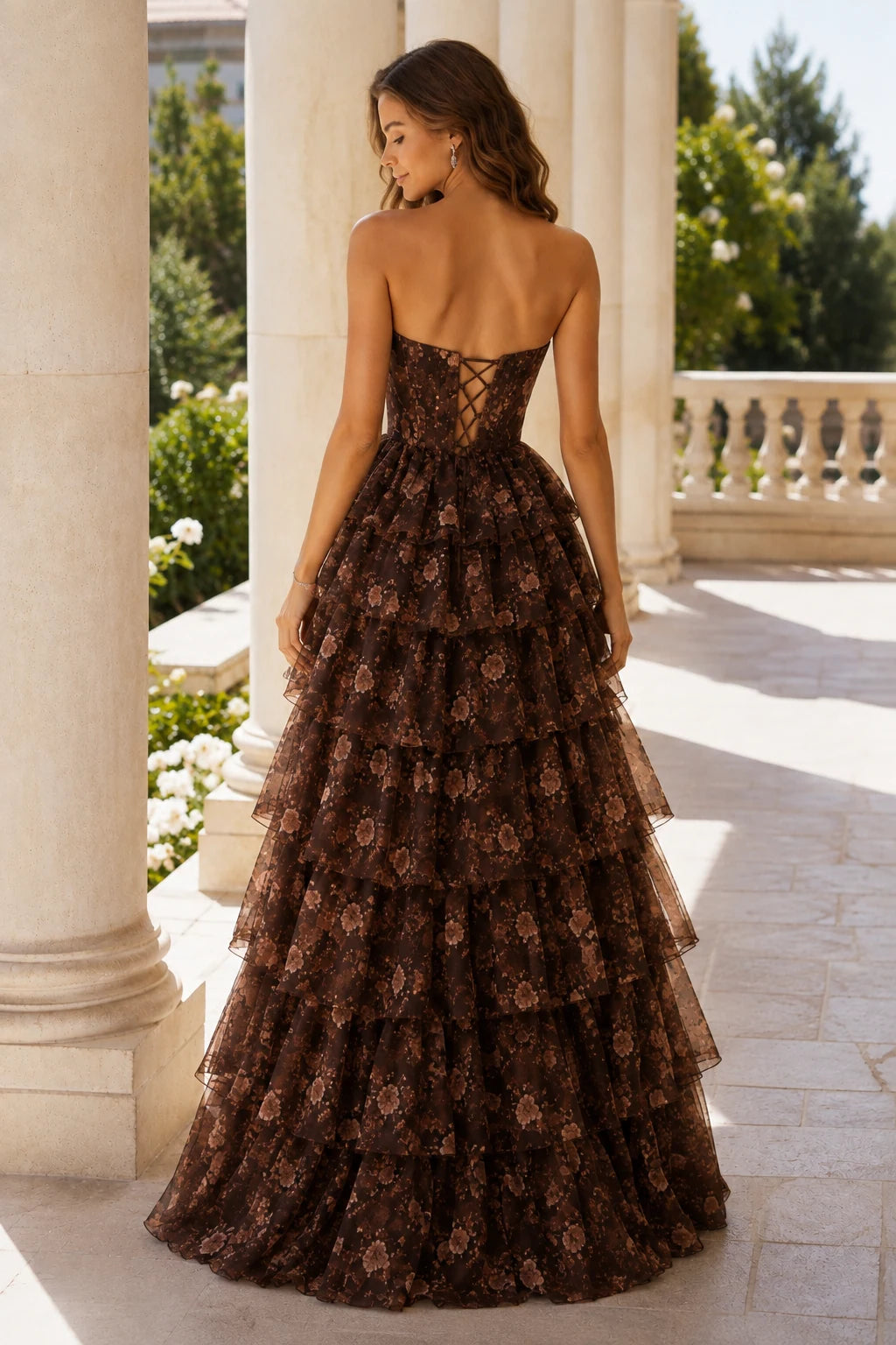 Alessandra Strapless Tiered Ruffle Prom Dress with Slit in Chocolate Brown Floral, back view