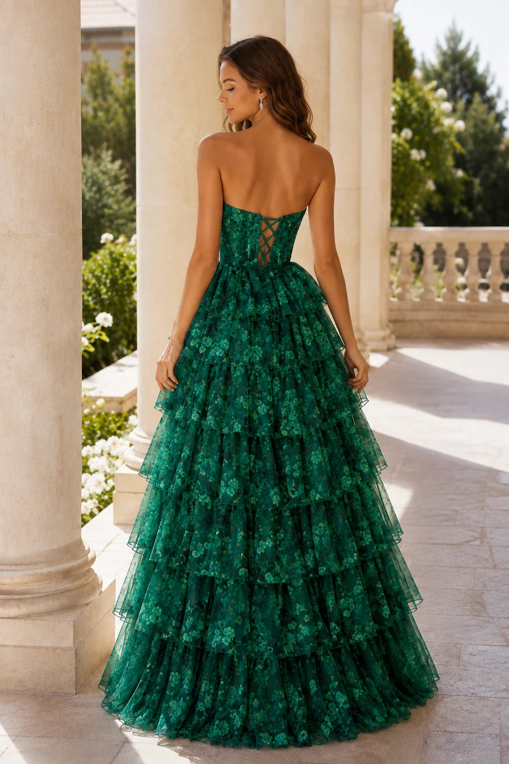 Alessandra Strapless Tiered Ruffle Prom Dress with Slit in Emerald Green Floral, back view