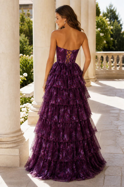 Alessandra Strapless Tiered Ruffle Prom Dress with Slit in Gemstone Purple Floral, back view