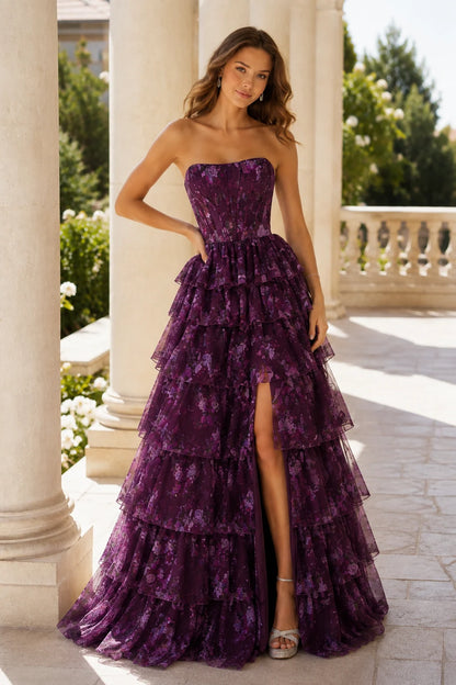 Alessandra Strapless Tiered Ruffle Prom Dress with Slit in Gemstone Purple Floral, front view