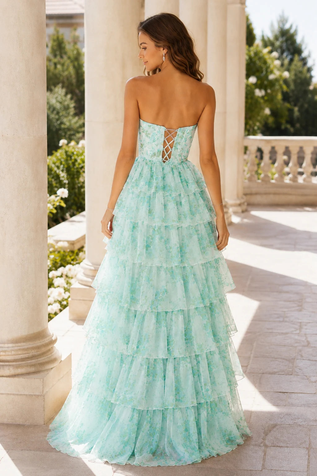Alessandra Strapless Tiered Ruffle Prom Dress with Slit in Mint Green Floral, back view