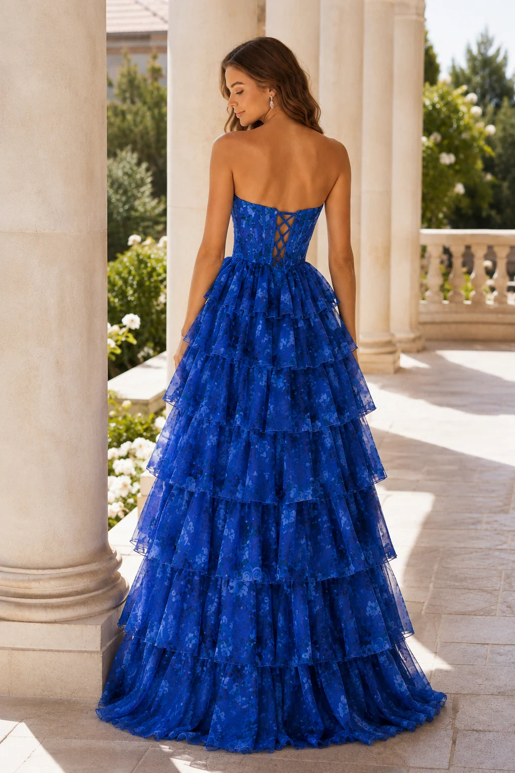 Alessandra Strapless Tiered Ruffle Prom Dress with Slit in Royal Blue Floral, back view