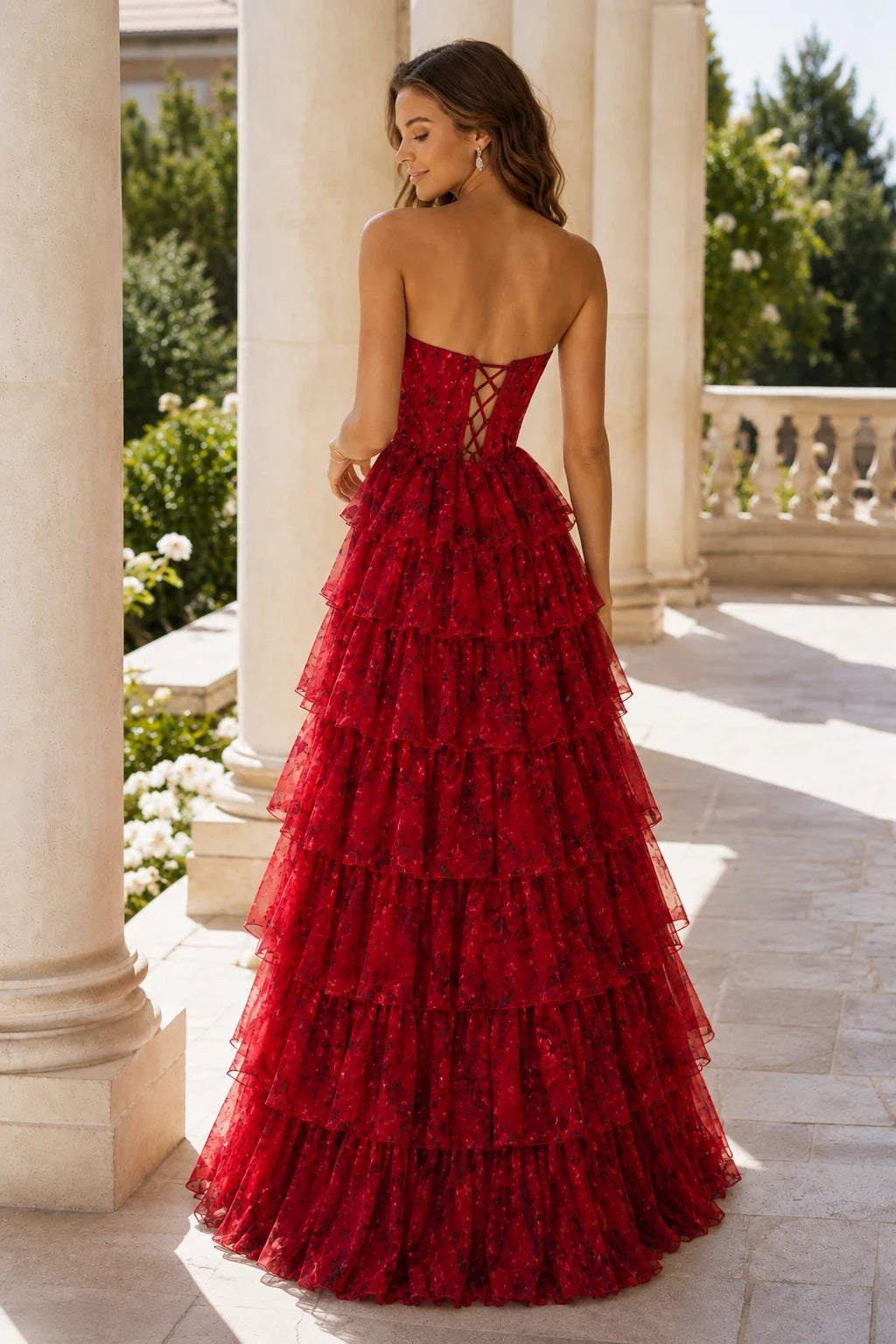Alessandra Strapless Tiered Ruffle Prom Dress with Slit in True Red Floral, back view