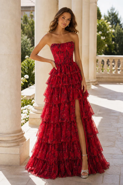 Alessandra Strapless Tiered Ruffle Prom Dress with Slit in True Red Floral, front view