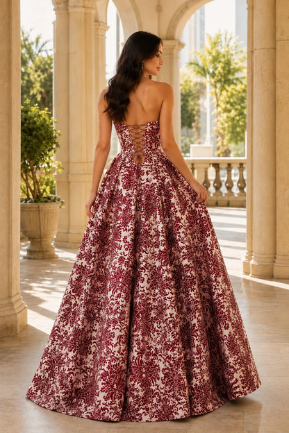 Natalia Strapless Floral Ball Gown Prom Dress in Burgundy Floral, back view