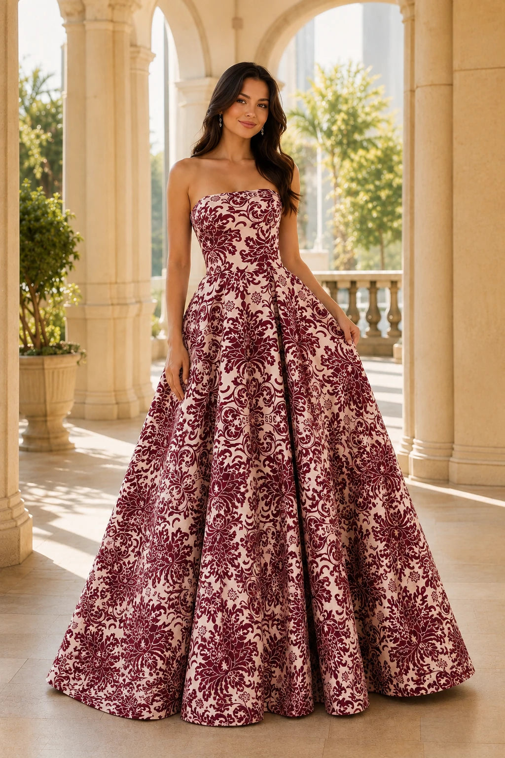 Natalia Strapless Floral Ball Gown Prom Dress in Burgundy Floral, front view