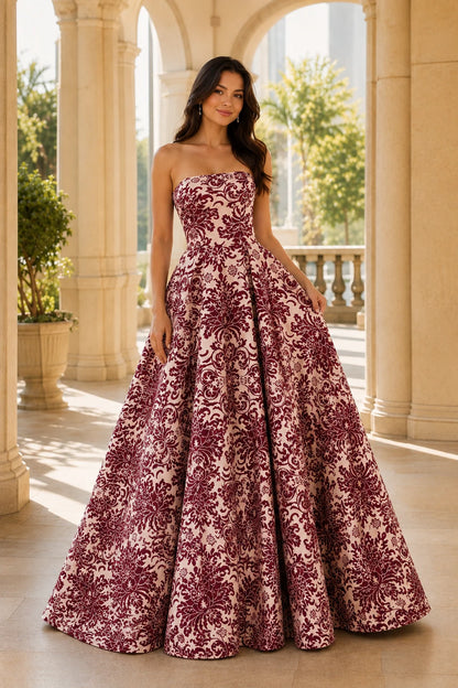 Natalia Strapless Floral Ball Gown Prom Dress in Burgundy Floral, front view