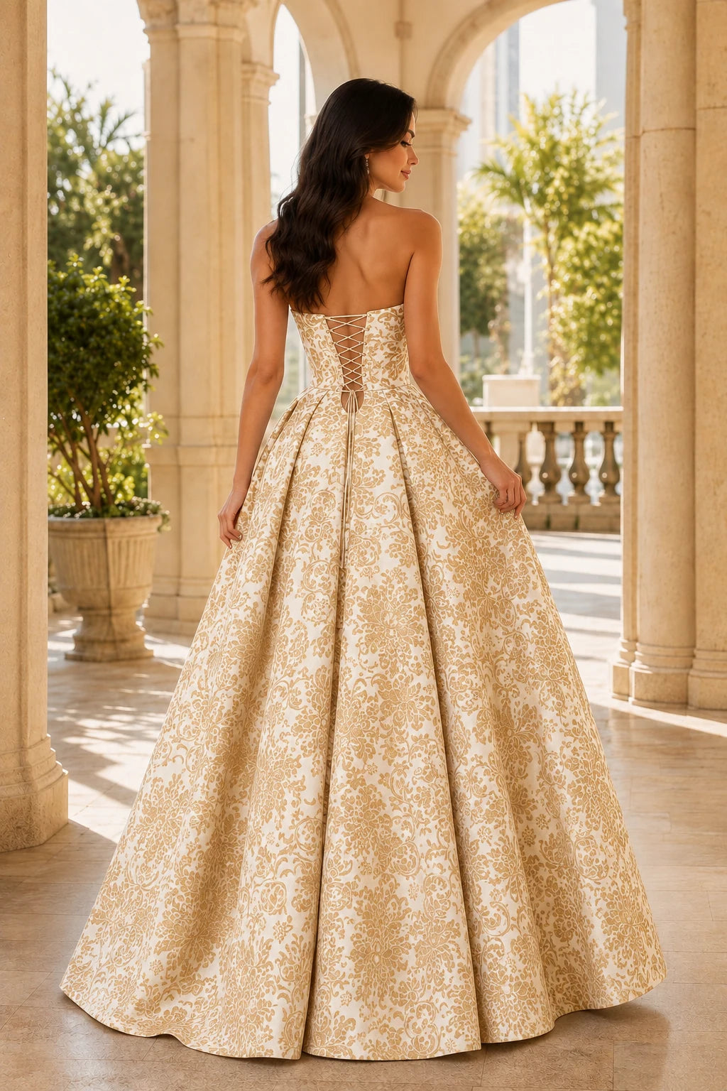Natalia Strapless Floral Ball Gown Prom Dress in Champagne Gold Floral, back view